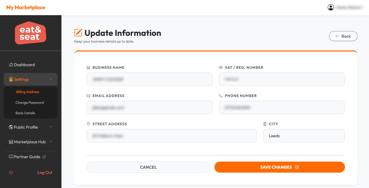 screenshot of the Billing Address edit form