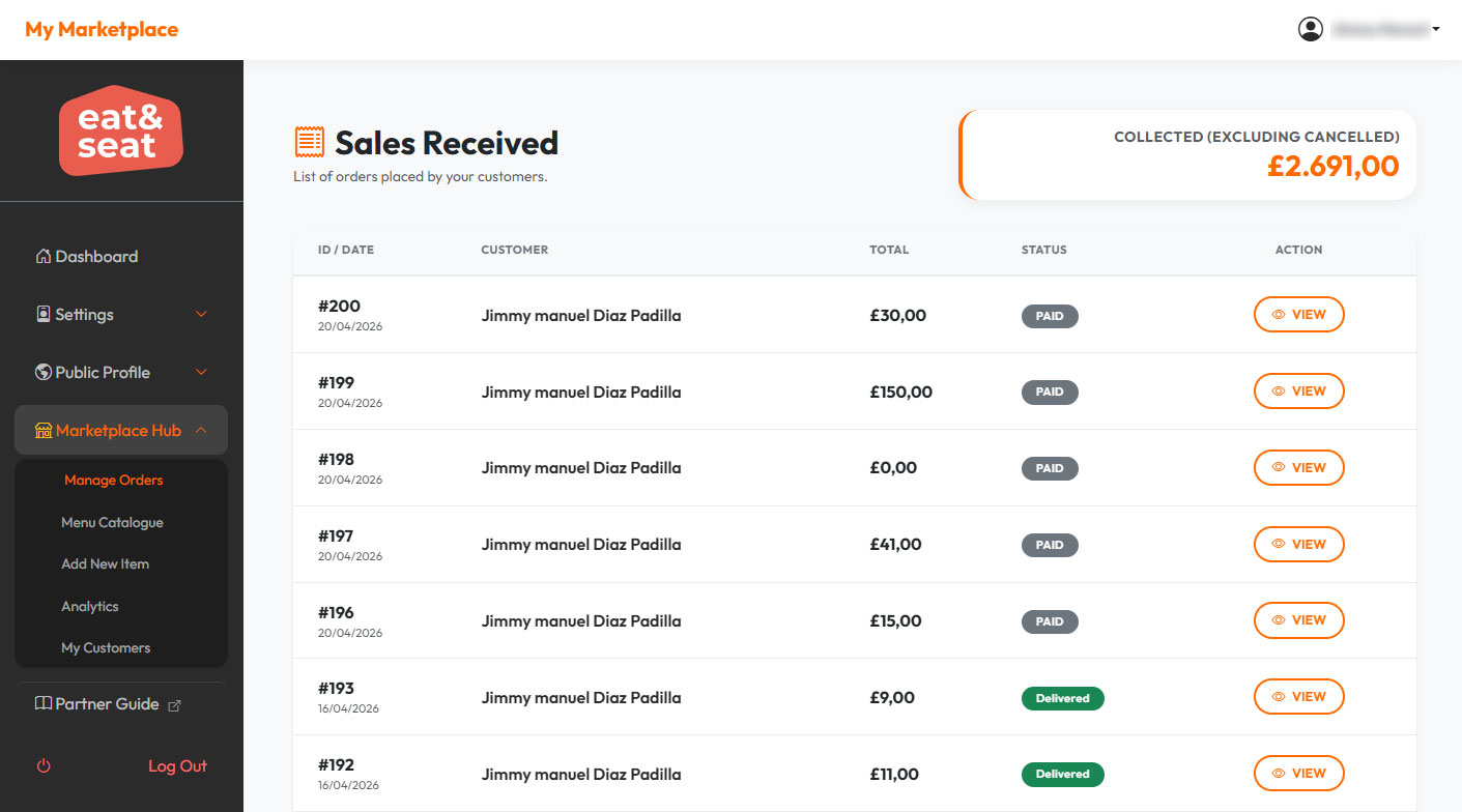 screenshot of the Manage Orders - Full list
