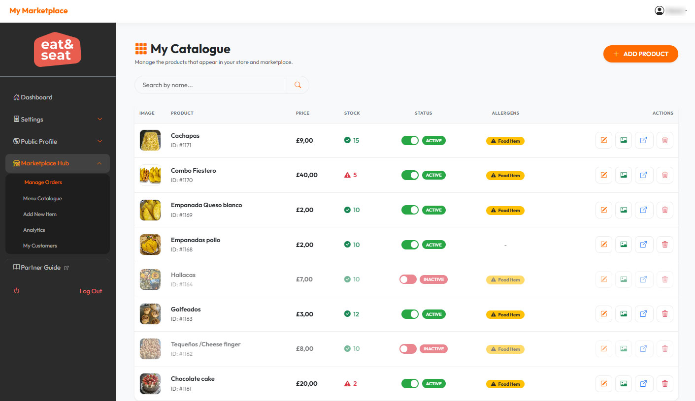 screenshot of the Menu Catalogue - Product list