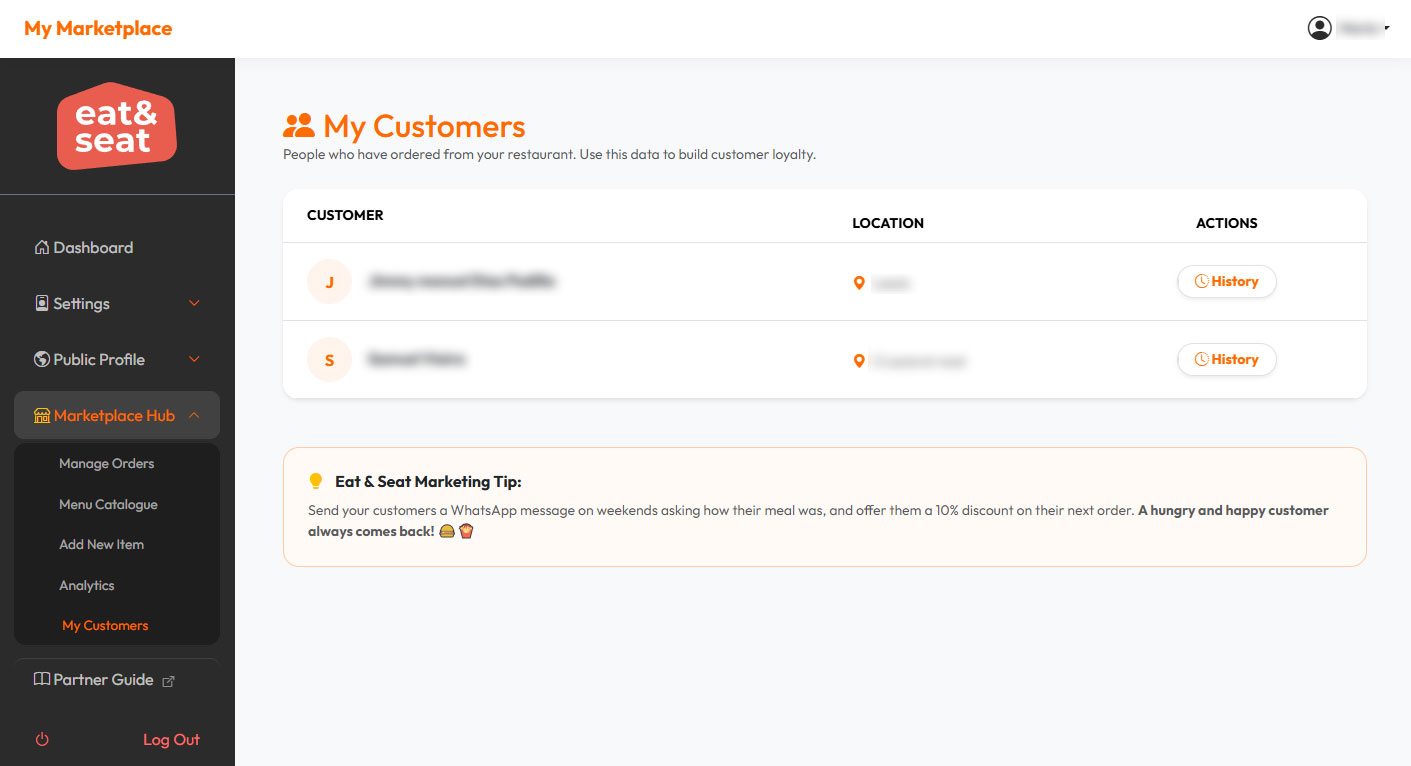 screenshot of My Customers - List